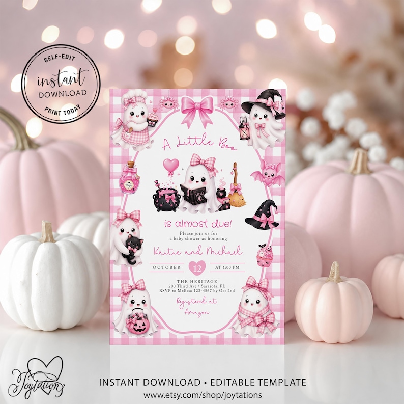 A Little Boo is Almost Due Pink Baby Shower Invite Template, Cute Pink Ghost Invitation For Girl, Baby Girl Halloween Invite Printable, 5H image 1