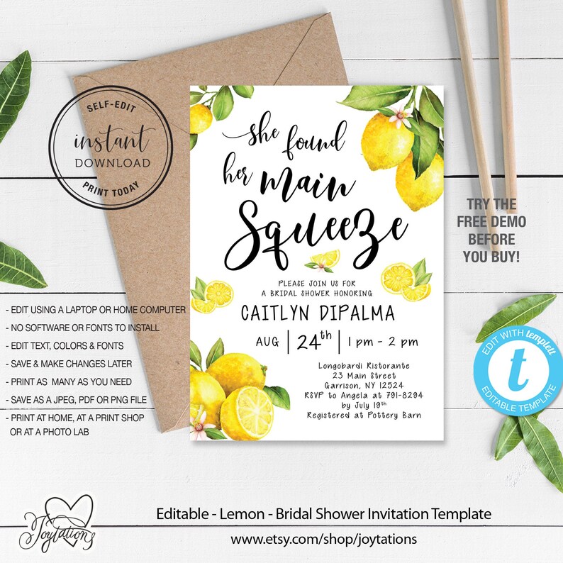 Lemon Bridal Shower Invitation Template Instant Download Etsy