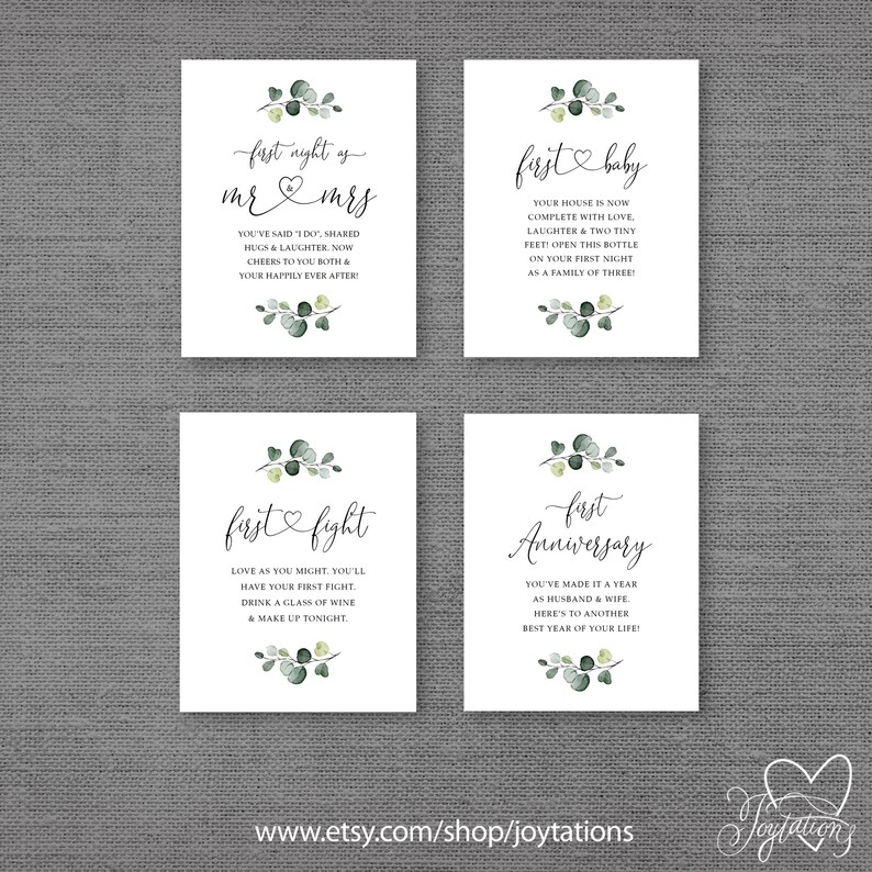 May include: Four printable cards with a green leafy design and text that reads "first night as mr & mrs", "first baby", "first fight", and "first anniversary".
