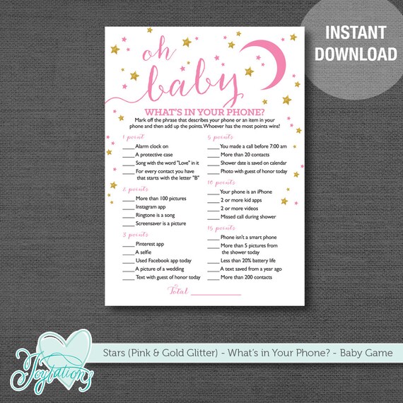Stars Pink And Gold Glitter What S In Your Phone Baby Shower Game Printable Instant Download Girl Twinkle Twinkle Phone Guess 6s By Joytations Catch My Party