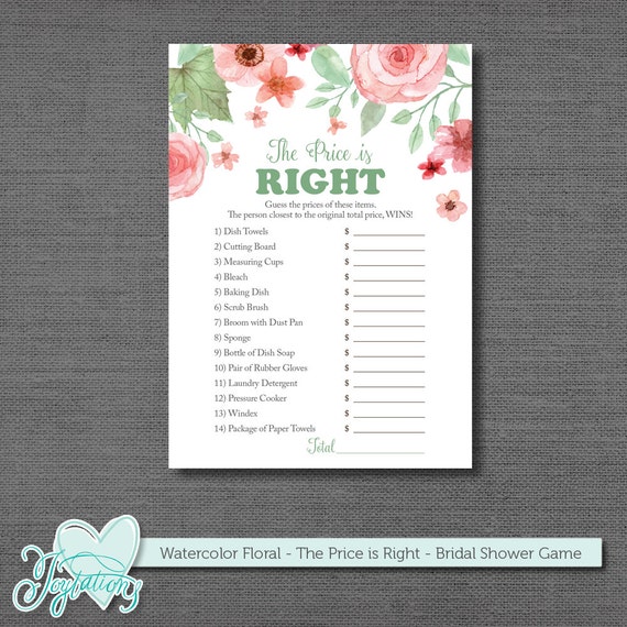 Bridal Shower Game, The Price is Right, Printable Price is Right Game, Instant Download, Watercolor Floral, Flowers, Activity Card,005A Il_570xn