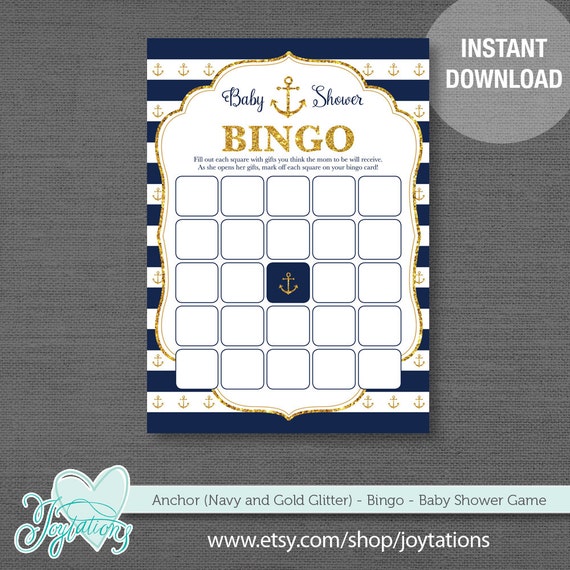 Anchor Navy and Gold Glitter Bingo Baby Shower Game Printable, Nautical, Baby Shower Bingo, Navy and Gold, Bingo, Baby Bingo, 1N Il_570xn