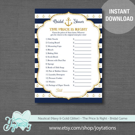 Nautical Navy and Gold Glitter The Price Is Right Bridal Shower Game Printable, Anchor, Navy and Gold, Navy and White Stripes, 2N Il_570xn
