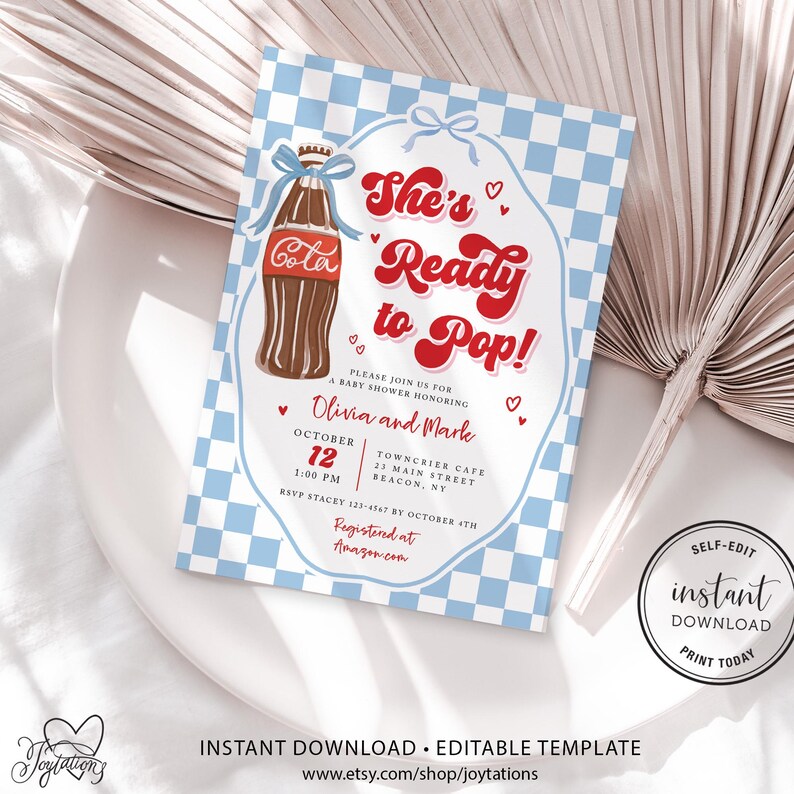 She's Ready to Pop Baby Shower Invite Bundle, Boy Blue Bow Whimsical Vintage Hand Drawn Soda Pop Theme, Soda Pop Boy Baby Shower Ideas, 3C imagen 2