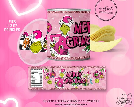 Grinch Pink  Christmas Chip Can label Digital File Instant Download, Can size 1.3oz, Grinch Christmas Party Treats, Grinchmas Pringles, 1G
