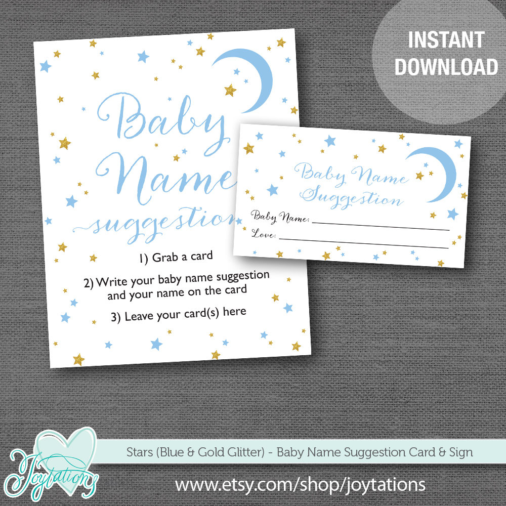 Stars Blue And Gold Glitter Baby Name Suggestion Card And Sign Baby