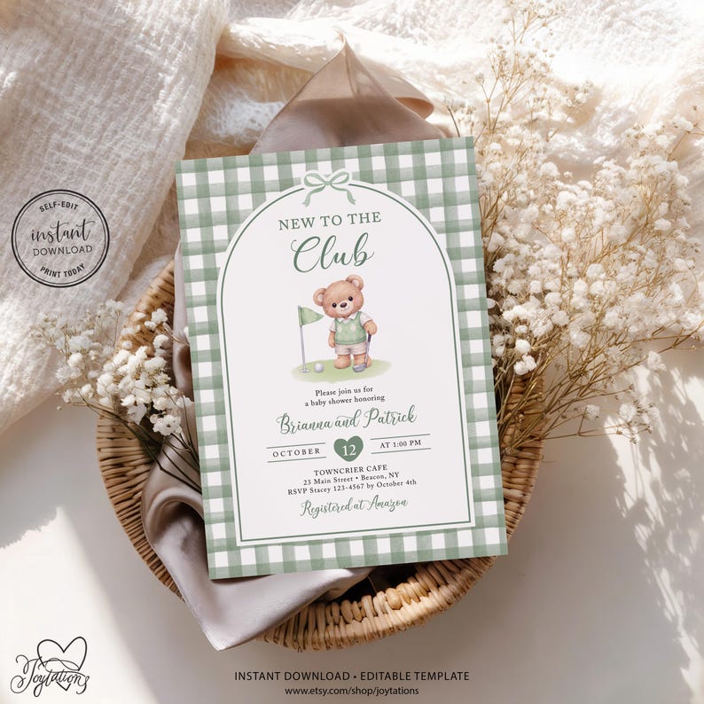 May include: A baby shower invitation card featuring a sage green and white gingham border, an arched frame, and a watercolor illustration of a teddy bear holding a golf club. The text reads New to the Club, Brianna and Patrick, October 12, and Towncrier Cafe.