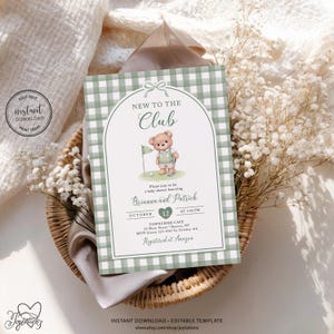 May include: A baby shower invitation card featuring a sage green and white gingham border, an arched frame, and a watercolor illustration of a teddy bear holding a golf club. The text reads New to the Club, Brianna and Patrick, October 12, and Towncrier Cafe.