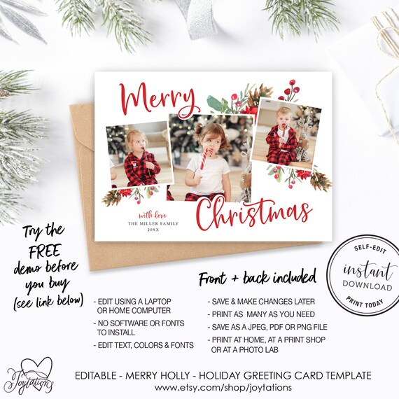 Editable Photo Christmas Card Template, Instant Download, Printable, Photographs, Pictures, Holiday Card, Landscape, Greeting Card, 5H Il_570xn