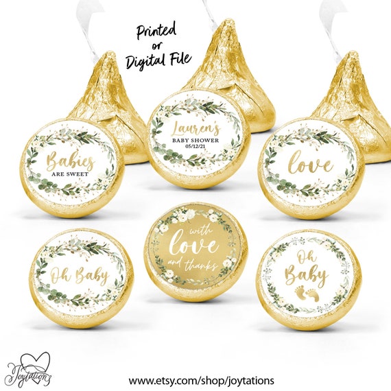 Greenery Baby Shower Hershey kiss Stickers, Boy, Girl, Greenery Baby Shower Decorations, Gender Neutral, Garden, Favors, Gold, 6G Il_570xn