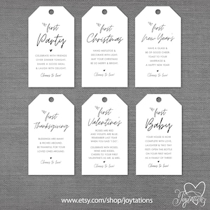 May include: Six white gift tags with black text and hearts. Each tag has a different holiday or occasion theme: First Party, First Christmas, First New Year's, First Thanksgiving, First Valentine's, and First Baby. The text on each tag includes a short message about the occasion.