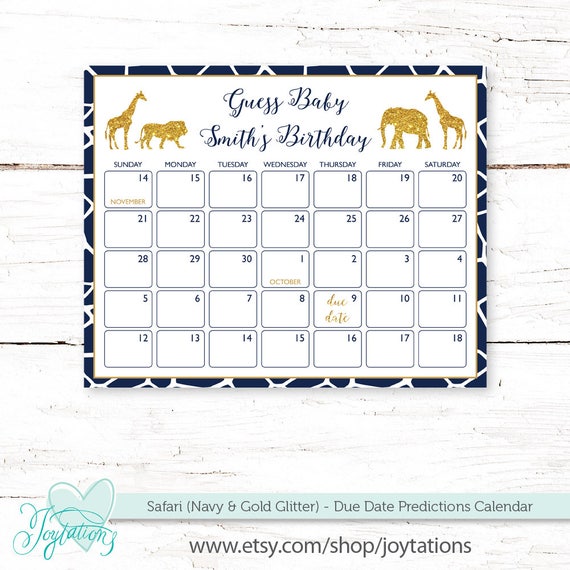 Safari Navy and Gold Glitter Due Date Predictions Calendar, Baby Shower Game, Elephant, Giraffe, Lion, Jungle, Printable, 16S Il_570xn
