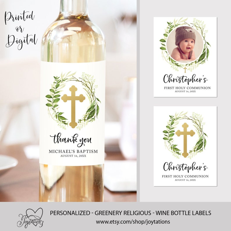 Greenery Baptism Wine Bottle Label Printed or Digital File Etsy