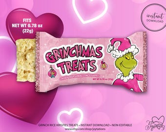 Pink The Grinch Christmas Rice Krispies Treats Wrapper Digital File, Grinch Snack Label, Grinch Treats, Grinch Class Party, Grinchmas Party