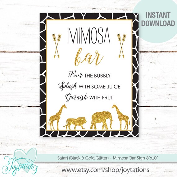 Safari Black and Gold Glitter Mimosa Bar Sign Printable, Instant Download, Boy, Gender Neutral, Animals, Lion, Giraffe, Elephant, 11S Il_570xn