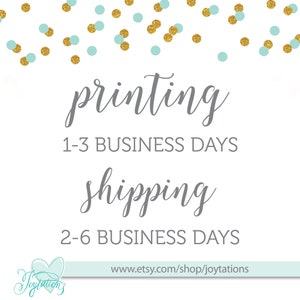 May include: A white background with gold and light blue confetti. The text "printing 1-3 business days" and "shipping 2-6 business days" is written in gray. The text "www.etsy.com/shop/joytations" is written in black.