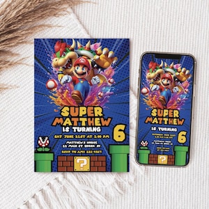 Super Mario Bros Birthday Invitation Template, Super Mario Birthday Card, Super Brothers Boy Invite, Video Game, Kids Cell Phone Invite, 6M