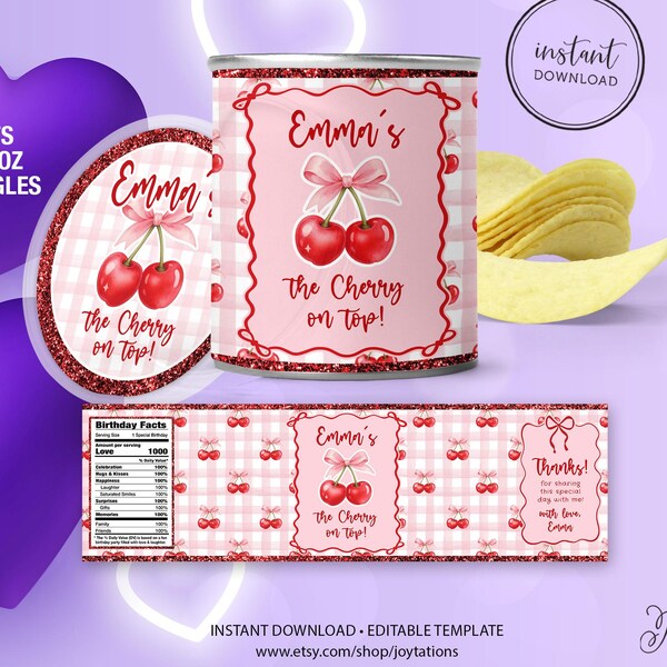 She's The Cherry On Top Birthday Pringles Label Template, Cherry Birthday Party Favor, Bow Birthday Potato Chips, Kids Birthday Party, 2T