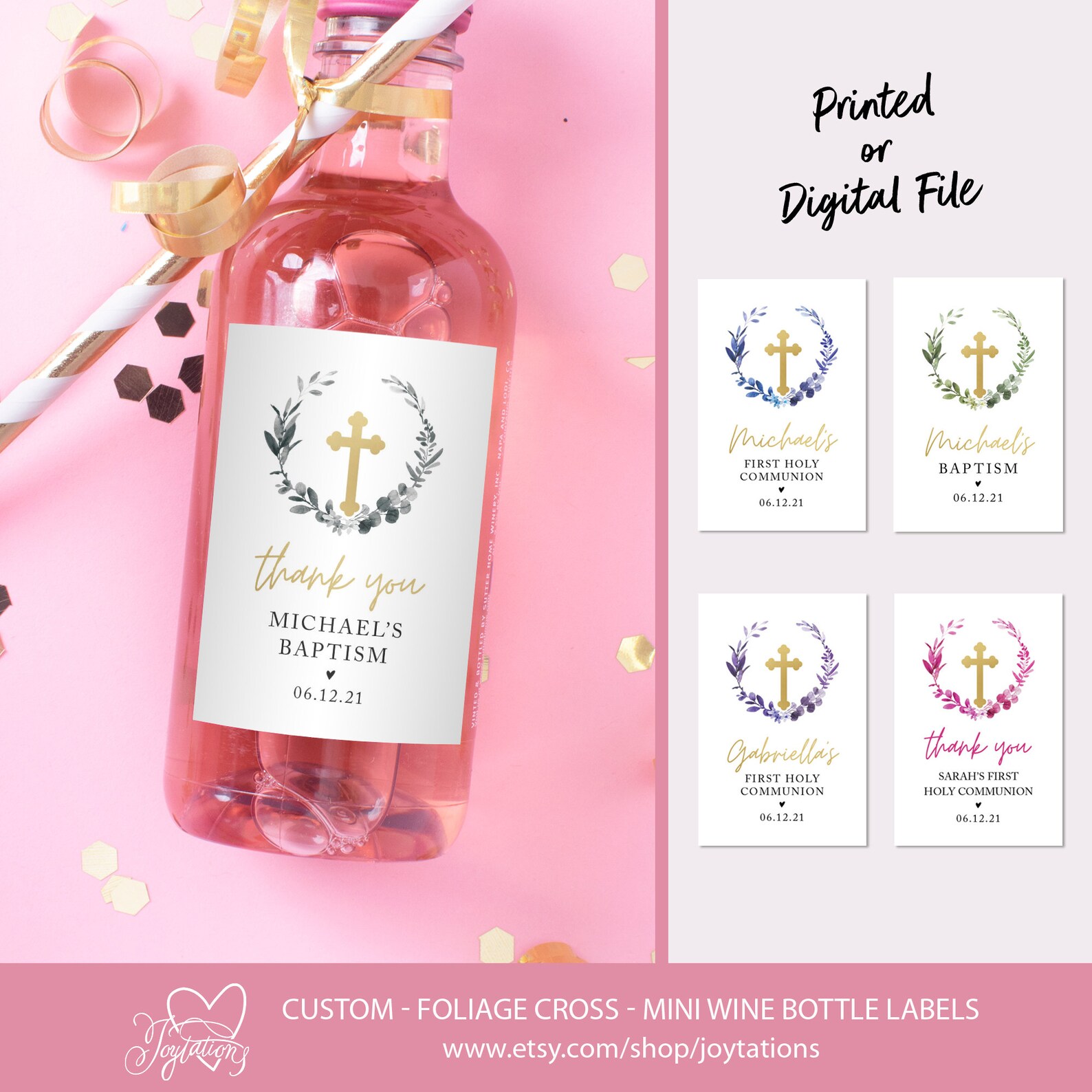 Foliage Baptism Mini Wine Bottle Label Printed or Digital Etsy