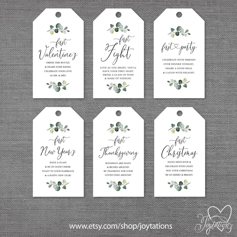 May include: Six printable gift tags with a eucalyptus leaf design. The tags feature text for various occasions, including "first Valentine's", "first fight", "first party", "first New Year's", "first Thanksgiving", and "first Christmas".