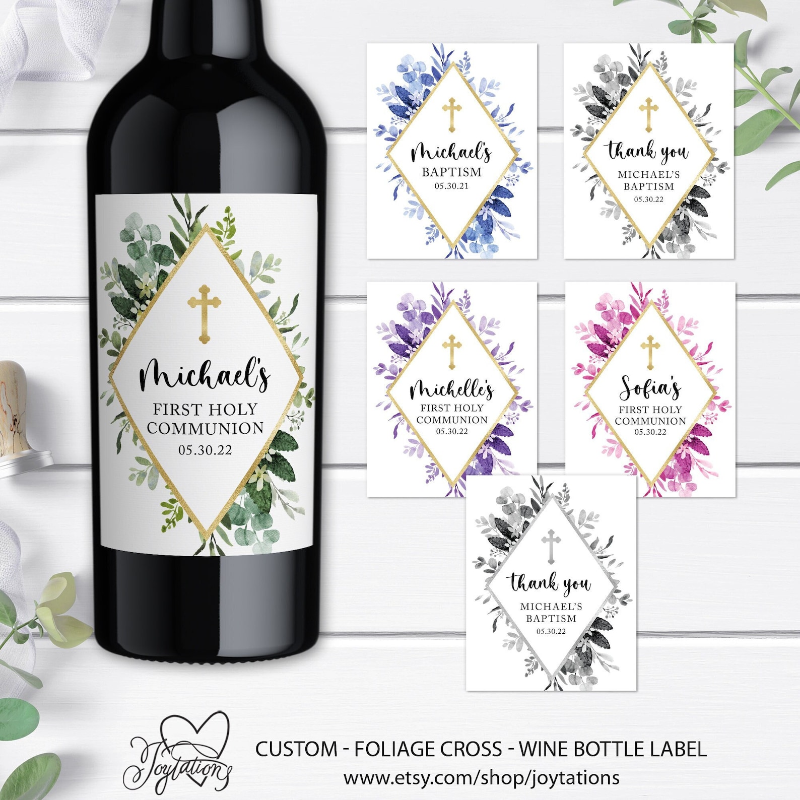 Foliage Baptism Wine Bottle Labels Christening Communion Etsy
