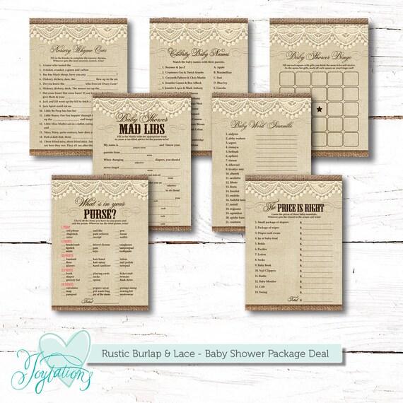 Rustic Burlap And Lace Baby Shower Game Package Deal Seven Games Savings Bundle Set Instant Download Printable Baby Shower Games 2f By Joytations Catch My Party