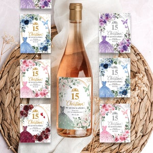 Quinceañera Wine Bottle Labels Printed, Mis Quince Años Labels, Mis XV Años, Thank You Labels for 15 años, Pink, Blue, Maroon, Burgundy, 1Q