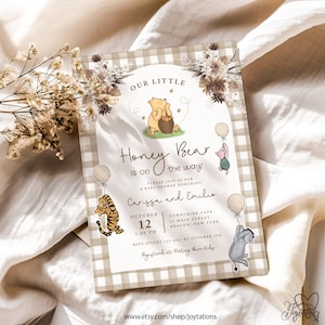 Classic Winnie The Pooh Beige Plaid Baby Shower Invitation Template, Gender Neutral Winnie The Pooh Baby Shower Invite, Gender Reveal Invite