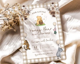 Classic Winnie The Pooh Brown Plaid Baby Shower Invitation Template, Gender Neutral Winnie The Pooh Baby Shower Invite, Gender Reveal, 2W