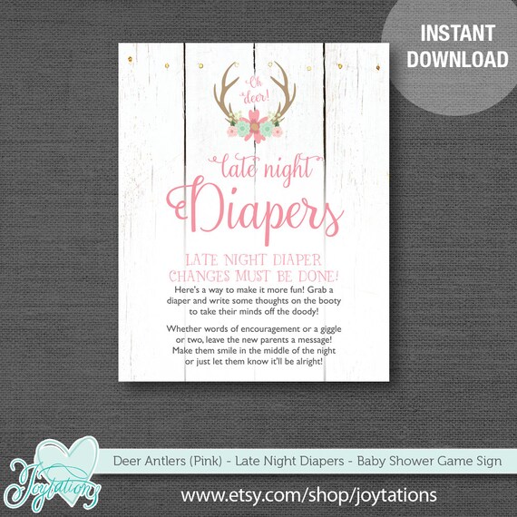 Deer Antlers Pink Late Night Diapers Baby Shower Game Sign Printable Deer Antlers Pink Late Night Diapers Baby Shower Game Sign Printable