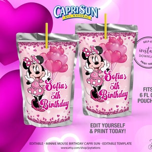 May include: Editable Minnie Mouse birthday Capri Sun juice pouch labels. The labels are pink with glitter and feature Minnie Mouse holding balloons. The text on the labels reads "Sofia's 5th Birthday".
