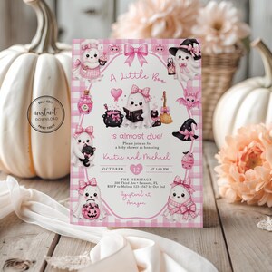 A Little Boo is Almost Due Pink Baby Shower Invite Template, Cute Pink Ghost Invitation For Girl, Baby Girl Halloween Invite Printable, 5H image 2