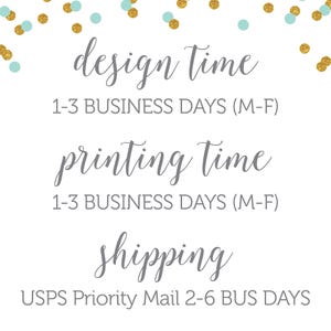 May include: White background with gold and teal confetti. Text in gray cursive font reads "design time", "printing time", and "shipping". Below each heading are the estimated business days for each process.