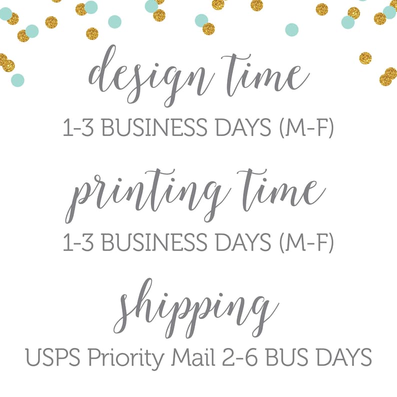 May include: White background with gold and teal confetti. Text in gray cursive font reads "design time", "printing time", and "shipping". Below each heading are the estimated business days for each process.