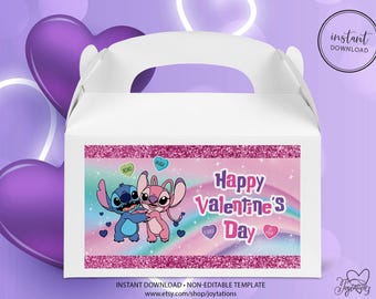 Lilo and Stitch Valentinstag Etiketten Druckbare Datei, Happy Valentine's Day Leckerli Box Label, 5x7 Größe - Disney Candy Box Labels, 2V