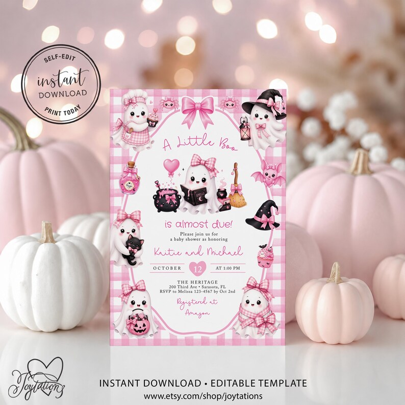 A Little Boo is Almost Due Pink Baby Shower Invite Template, Cute Pink Ghost Invitation For Girl, Baby Girl Halloween Invite Printable, 5H image 9