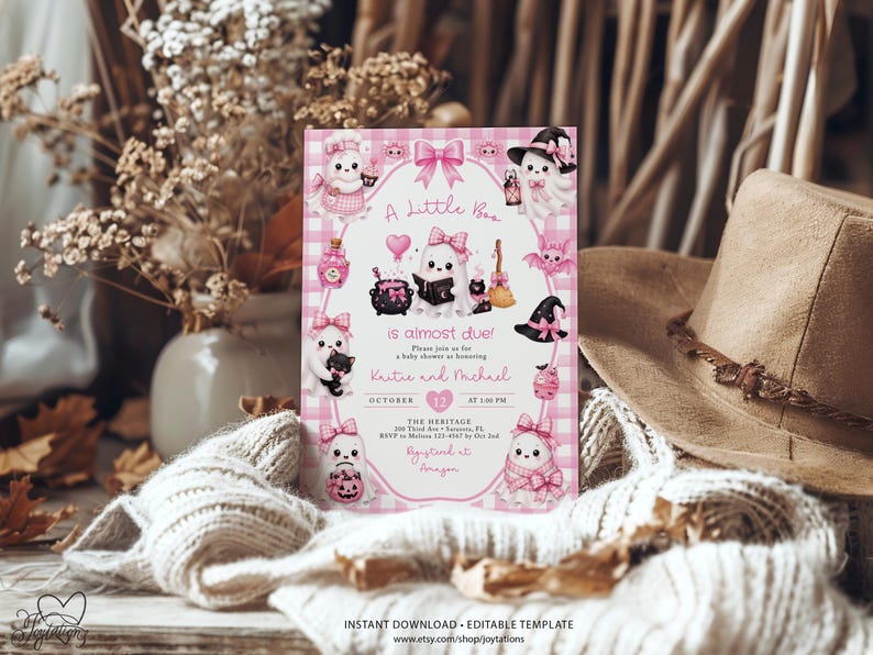 A Little Boo is Almost Due Pink Baby Shower Invite Template, Cute Pink Ghost Invitation For Girl, Baby Girl Halloween Invite Printable, 5H image 11