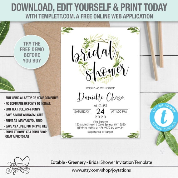 Greenery Bridal Shower Invitation Template, Foliage, Editable Template, Eucalyptus, Bridal Shower Invite, 5A Il_570xn
