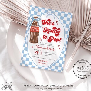 She's Ready to Pop Baby Shower Invite Bundle, Boy Blue Bow Whimsical Vintage Hand Drawn Soda Pop Theme, Soda Pop Boy Baby Shower Ideas, 3C imagen 4