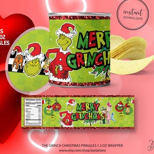 May include: A green and red Christmas-themed Pringles can wrapper featuring the Grinch character. The wrapper says "Merry Grinchmas" and fits 1.3 oz Pringles. The design includes a nutrition facts label and a decorative border.