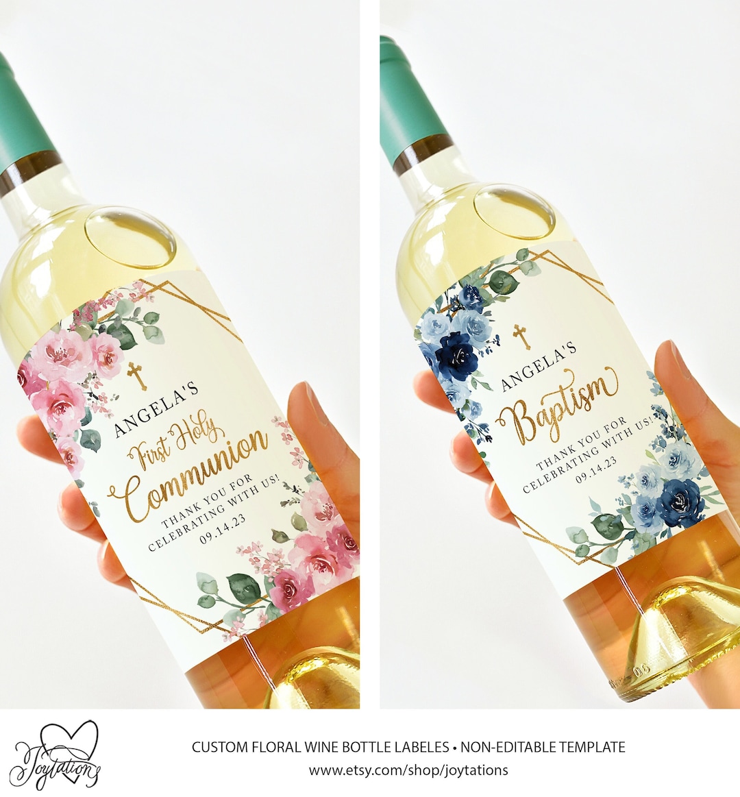 Pink Flowers Baptism Wine Bottle Label Printed, Christening, Communion, Confirmation, Wedding