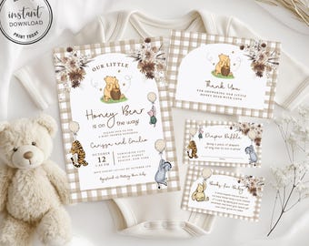 Brown Winnie the Pooh Baby Shower Invitation Bundle Template, Gender Neutral Winnie The Pooh Baby Shower Invite, Diaper Card, Book Card, 2W