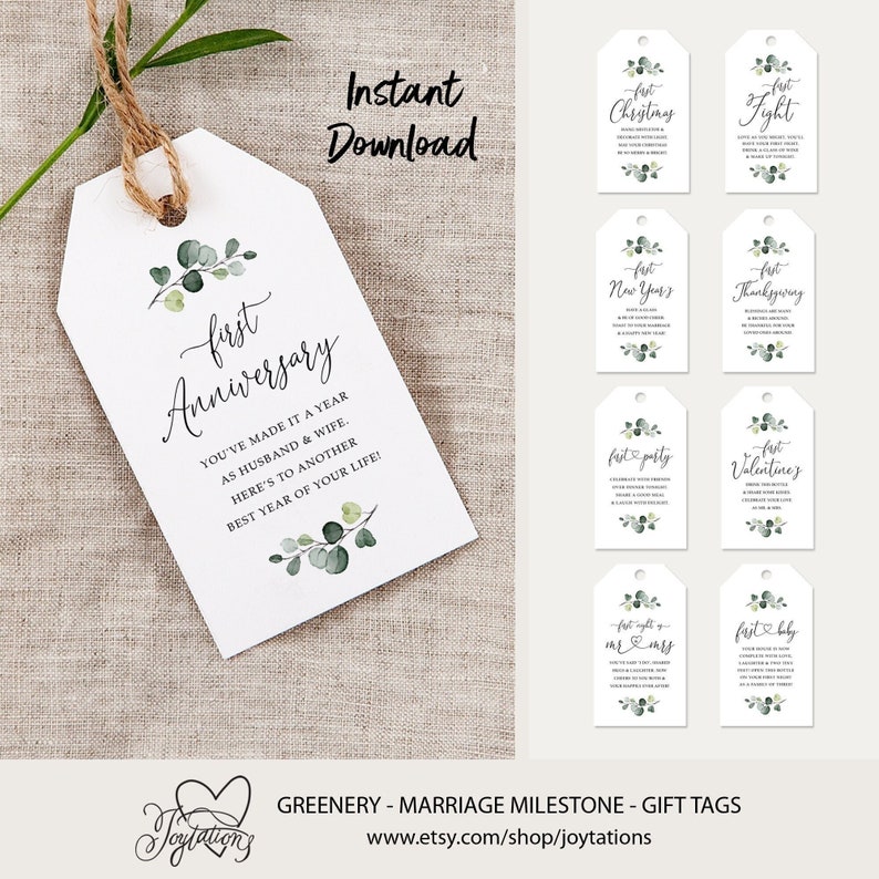 May include: Set of ten printable gift tags with a greenery theme. Each tag features a different milestone, such as "First Anniversary", "First Christmas", "First Fight", "First New Years", "First Thanksgiving", "First Party", "First Valentines", "First Night as Mr. & Mrs.", and "First Baby".
