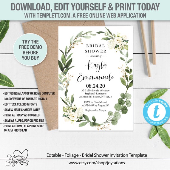 Foliage Bridal Shower Invitation Template, Instant Download, Bridal Shower Invite, Greenery, Wreath, Leaves, Wedding, Editable Template, 7F Il_570xn
