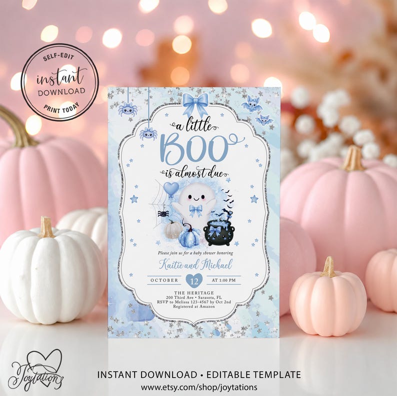 May include: A rectangular baby shower invitation template featuring a light blue and white color scheme with a central ghost illustration, a black cauldron, and spider web accents. The text reads a little BOO is almost due, Kaitie and Michael, October 12, and event details. The border is silver glitter with blue stars.