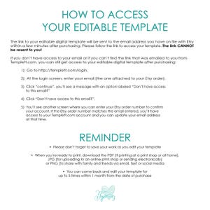 May include: An instructional document titled HOW TO ACCESS YOUR EDITABLE TEMPLATE with black text on a white background. It provides a five-step guide for accessing digital templates via Templett.com, including a reminder to save work and download files.