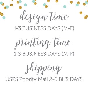 May include: A white background with gold and blue confetti. The text "design time 1-3 BUSINESS DAYS (M-F)" is in gray. The text "printing time 1-3 BUSINESS DAYS (M-F)" is in gray. The text "shipping USPS Priority Mail 2-6 BUS DAYS" is in gray.