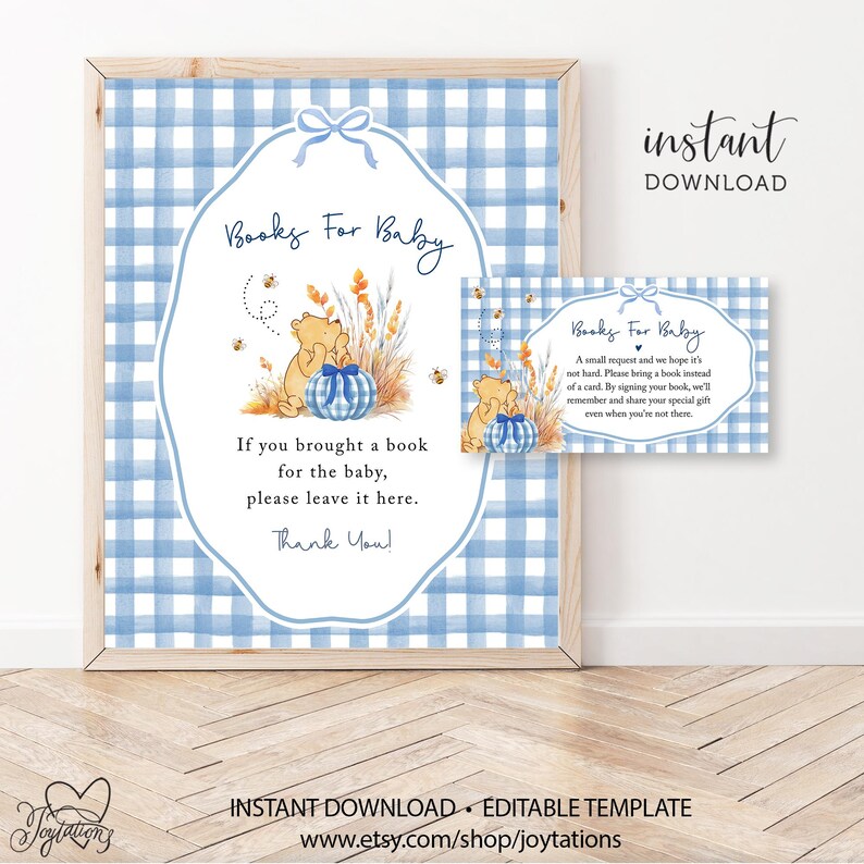 May include: A blue and white gingham patterned sign and matching card featuring a watercolor illustration of a bear, wheat, and a blue pumpkin. The text reads Books For Baby, If you brought a book for the baby, please leave it here. Thank You!