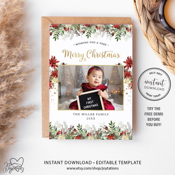 Christmas Card with Photo Template, Merry Christmas Photo Card, Holiday Photo Card Template, Instant Download Card with Pictures, 2C Il_570xn
