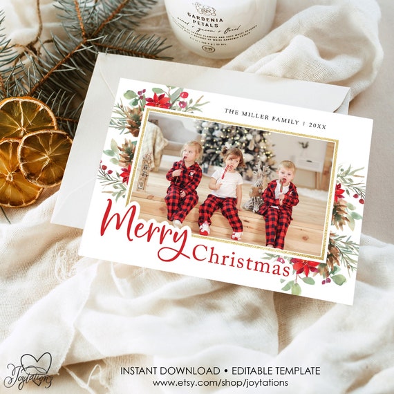 Editable Photo Christmas Card Template, Instant Download, Printable, Photographs, Pictures, Holiday Card, Landscape, Greeting Card, 5H Il_570xn